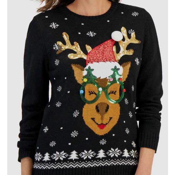 Karen Scott Christmas Knit Sweater L Santa Reindeer Ugly Sweater Holiday Sequins - Picture 2 of 7